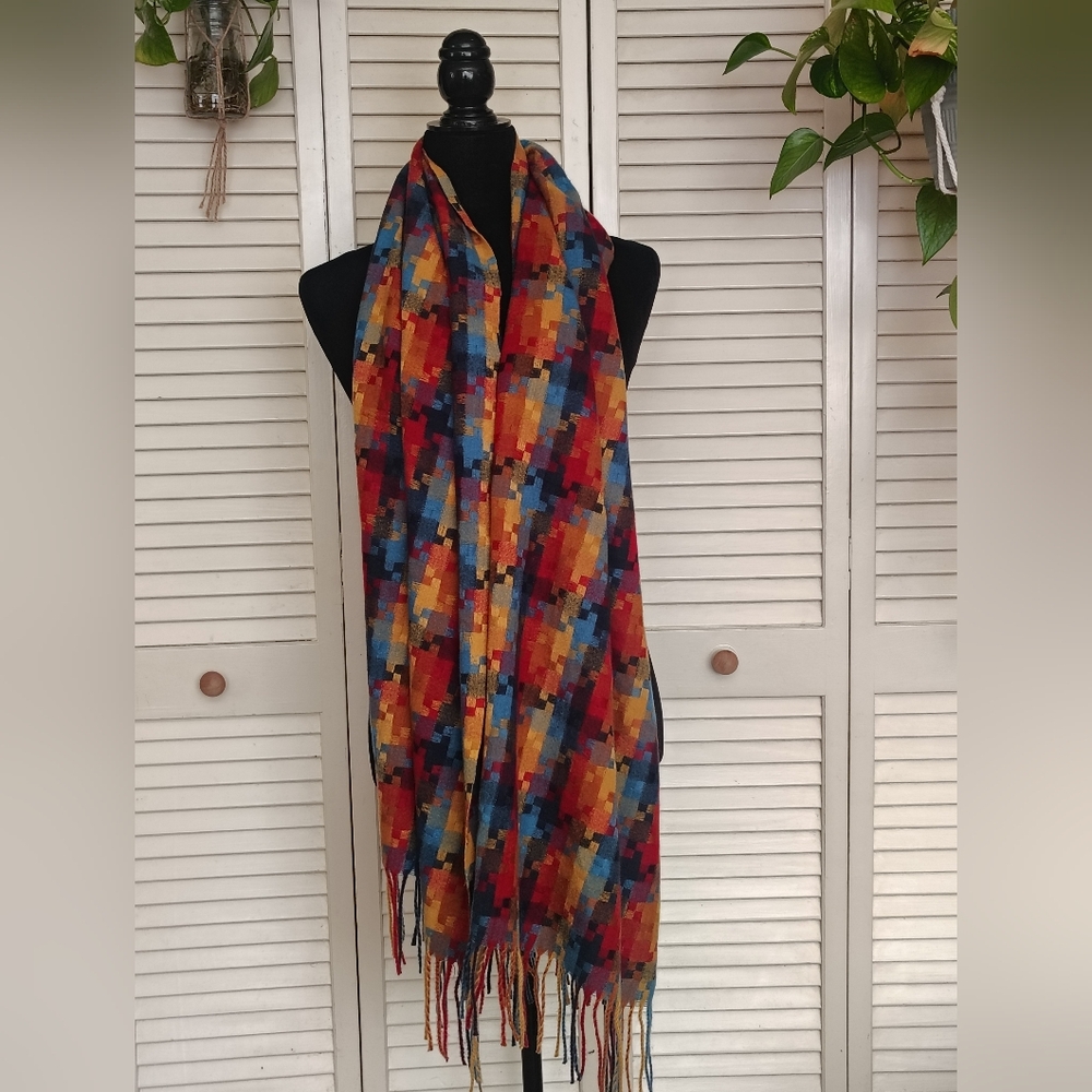 Multicolor Wool Blend Scarf – Vibrant Patchwork Style OS – Like New - Picture 2 of 8